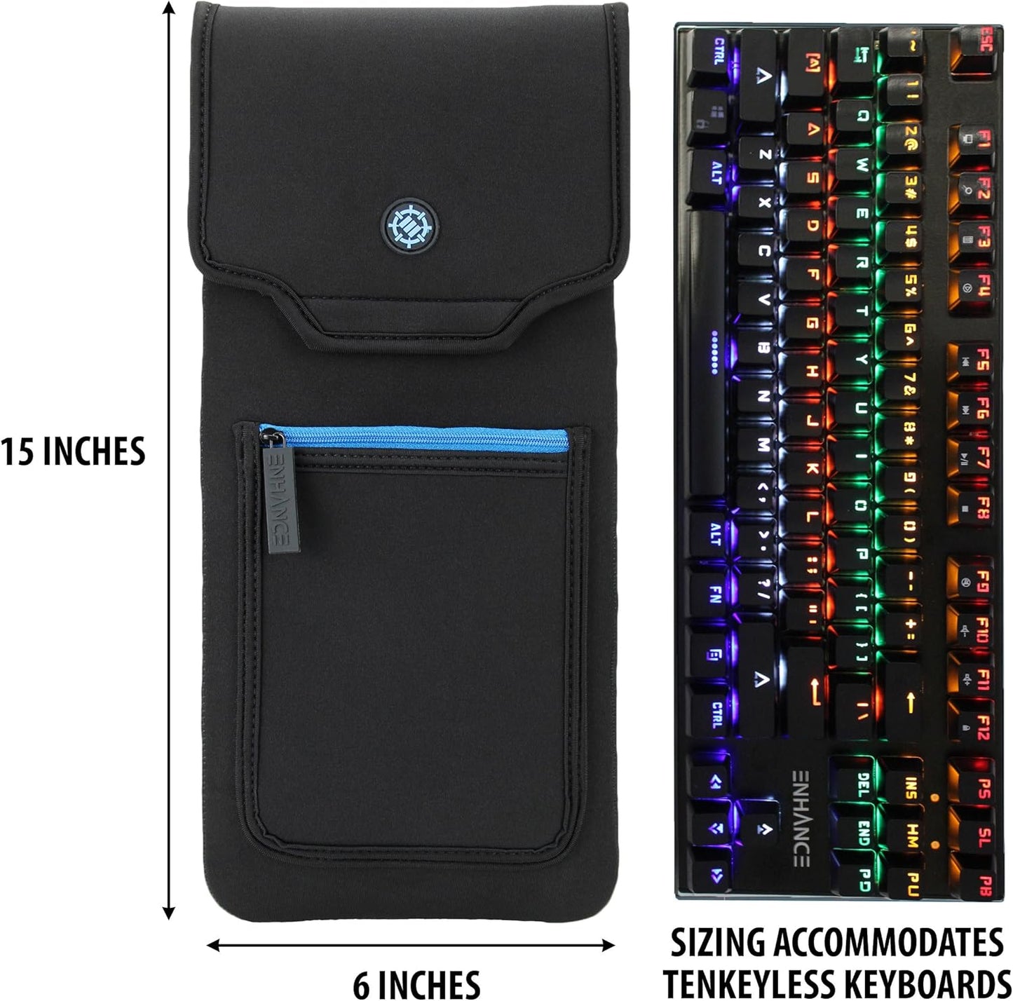 ENHANCE Keyboard Sleeve Travel Case for TKL Tenkeyless Compact Tournament eSports Gaming Keyboards (up to 15 Inches) - Rugged Neoprene Construction , Zipper Mouse Storage and Cable Storage Pouch