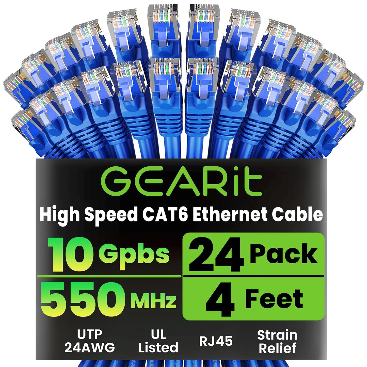 GearIT Cat 6 Ethernet Cable Pack - 24-Pack 4 ft Cat6 Ethernet Patch Cables | RJ45 Network Patch Cable, 10 Gbps Snagless Gold-Plated Connectors - Ethernet Cable Cat 6 for PC, TV, Router - Blue