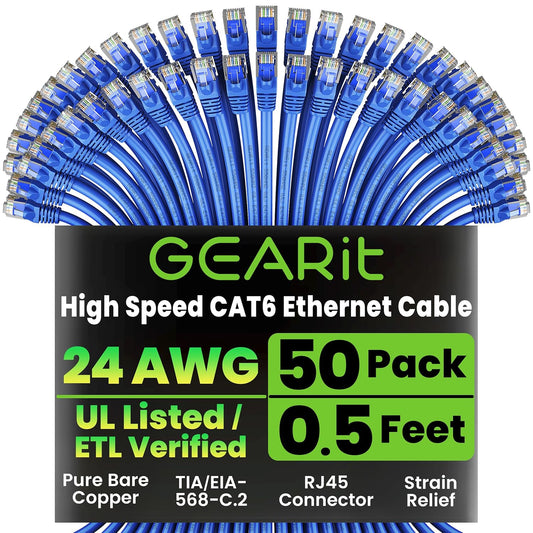 GEARit Cat 6 Ethernet Cable Pack - 50-Pack 0.5 ft Cat6 Ethernet Patch Cables | RJ45 Network Patch Cable, 10 Gbps Snagless Gold-Plated Connectors - Ethernet Cable Cat 6 for PC, TV, Router - Blue
