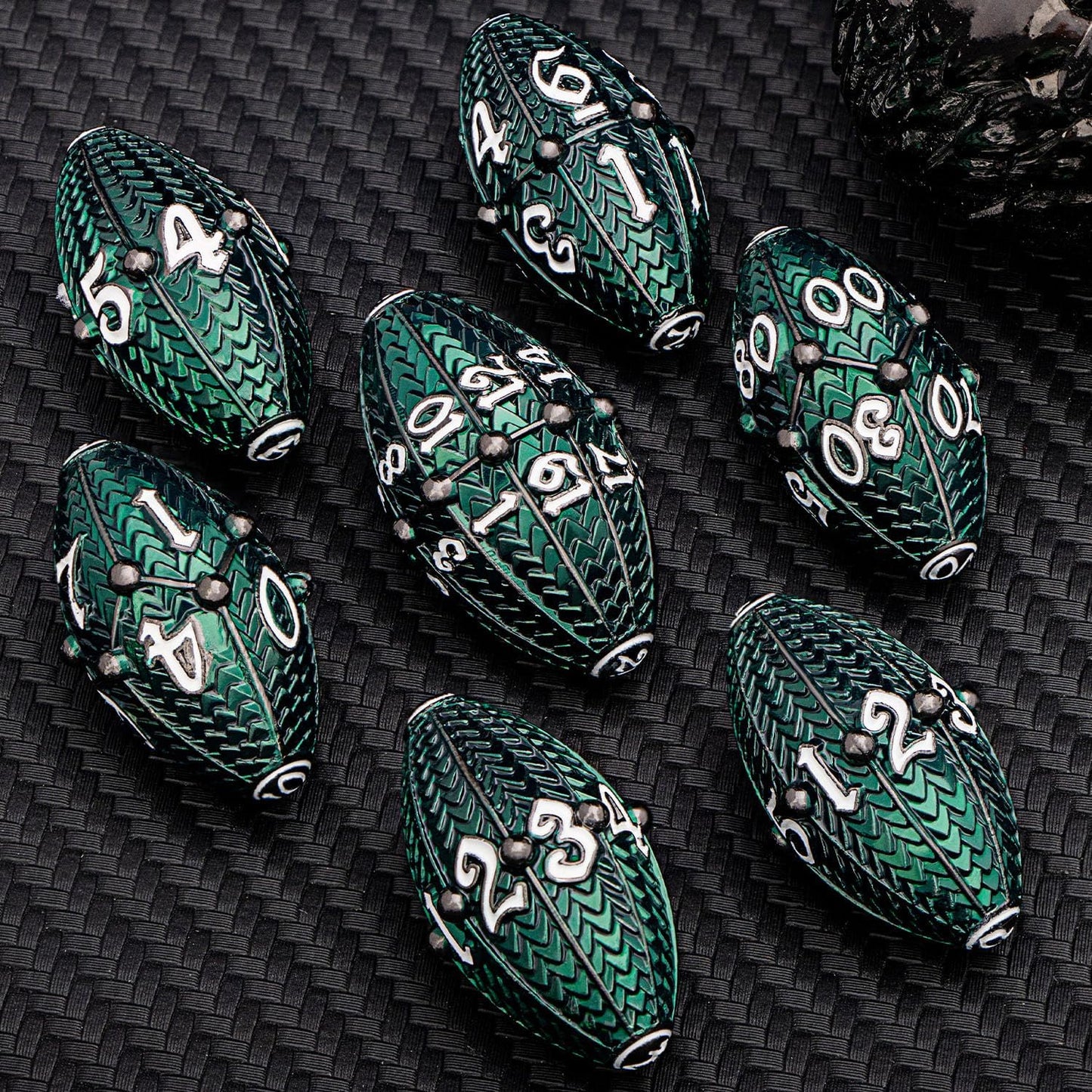 ARUOHHA DND Metal Dice Black Green Dragon Egg Dice with Metal Box, Role Playing Game RPG Polyhedral D and D Dice Set D20 D12 D10 D8 D6 D4