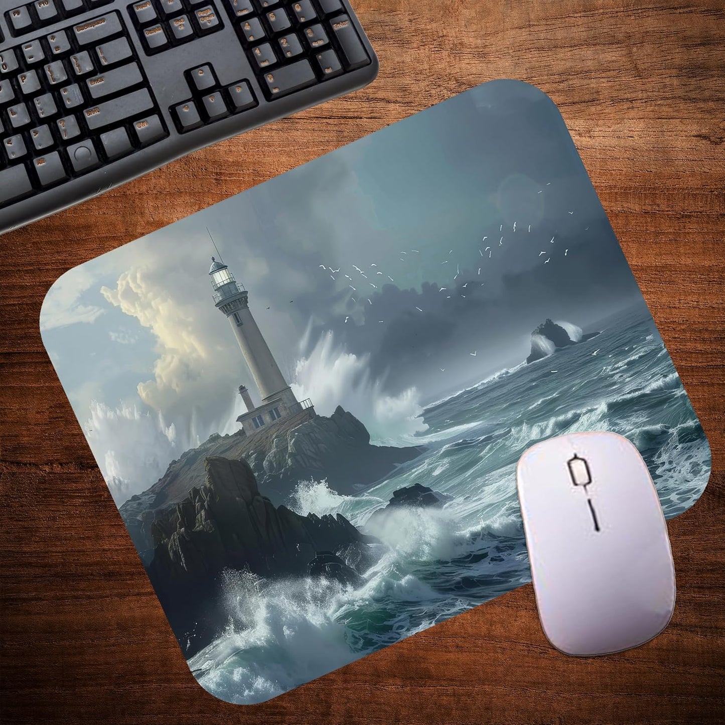 Coastal Shoreline Waves Sandy Beach Theme Mouse Pad Mat Mousepad for Desk Computer Laptop PC Gaming Home or Office Gift (Lighthouse Seagull MP32)