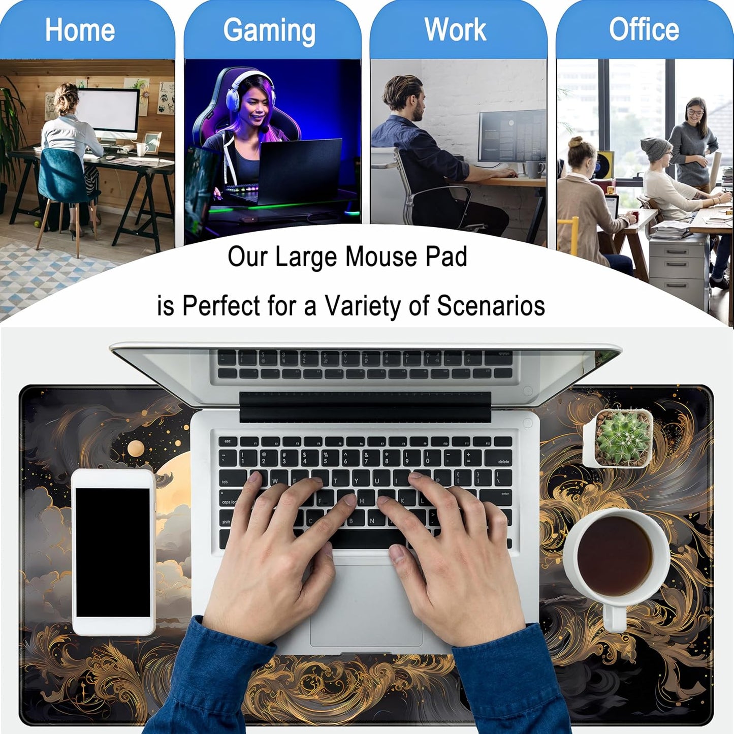 Golden Moon Desk Pad Black Desk Mat XXL Mouse Gaming Pads, Starry Sky Keyboard Pads Extra Large Desktop Computer Mats with Non-Slip Base & Stitched Edges, Vintage Office Decor 31.5" x 15.7"