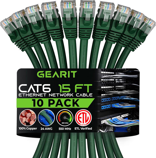 GearIT Cat 6 Ethernet Cable (10-Pack 15 Feet) Cat6 Network Patch, 10Gbps, RJ45, Snagless Cord, Gold-Plated Connectors, Internet for PC, TV, Tablet, Router, Printer, Servers, IT Data Center - Green