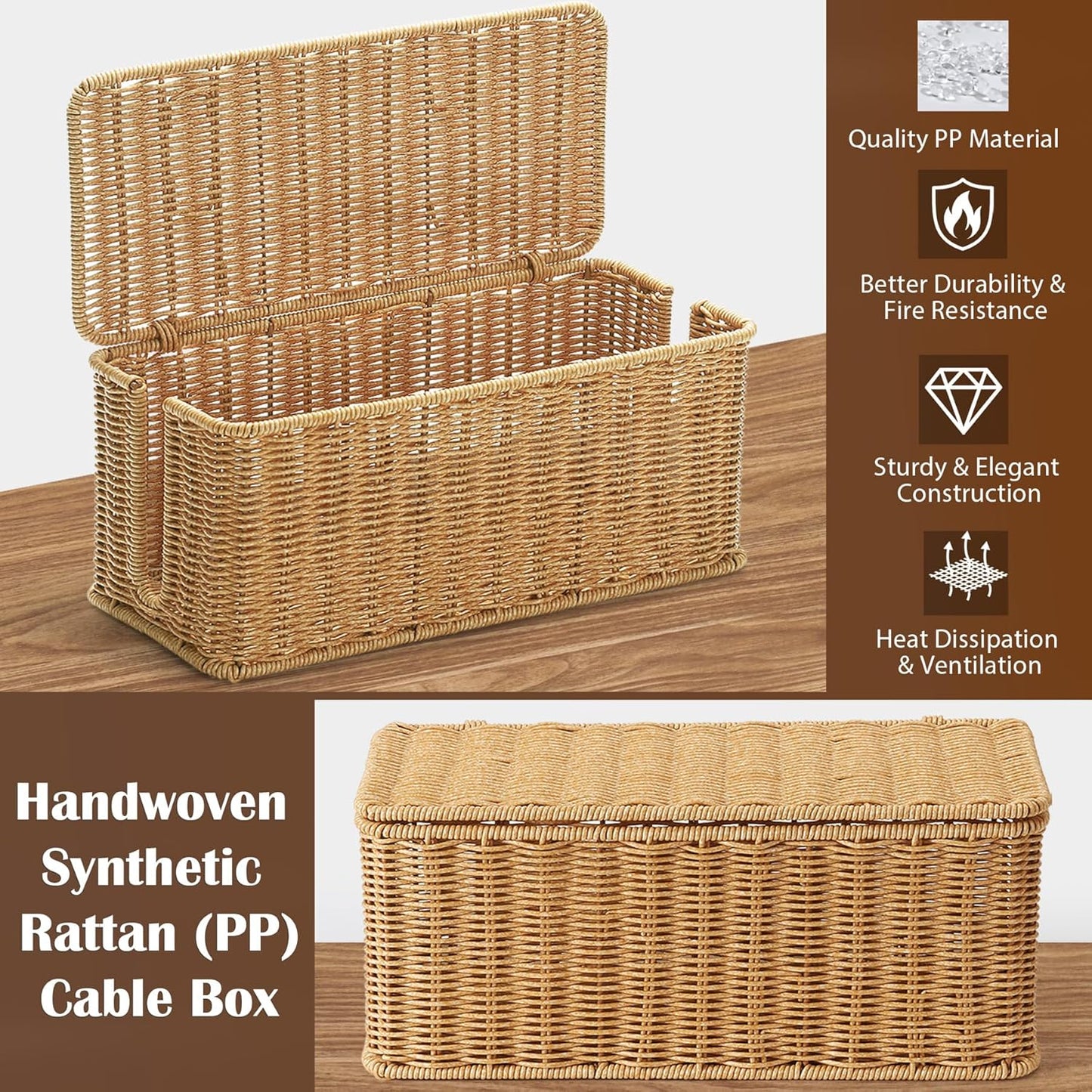 2Pack Large Cable Management Box, Handwoven Imitation Rattan Cord Organizer Cord Hider Box, Cable Organizer Box for Desk, Cord Management Box to Hide Cords and Power Strips