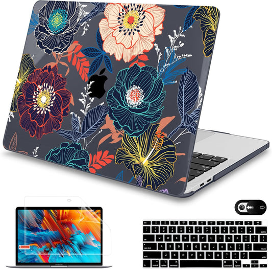 Mektron for MacBook Air 13 Case A1466/A1369 (2010-2017 Release), Snap-on Plastic Hard Shell Cover for MacBook Air 13.3 inch with Keyboard Cover, Dahlia Flowers