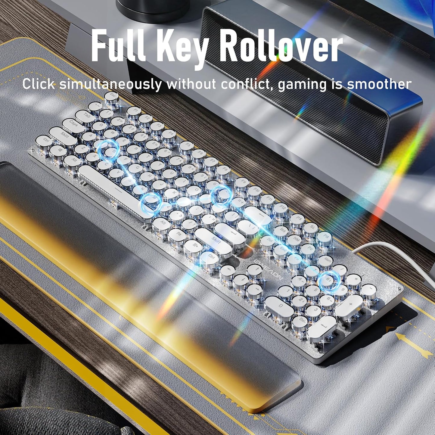 EWEADN TK100 Typewriter Style Wired Mechanical Keyboard, 104 Keys Aesthetic Typewriter Keyboard with White Backlit, Anti-Ghosting, Blue Switch Wired Cute Keyboards-White