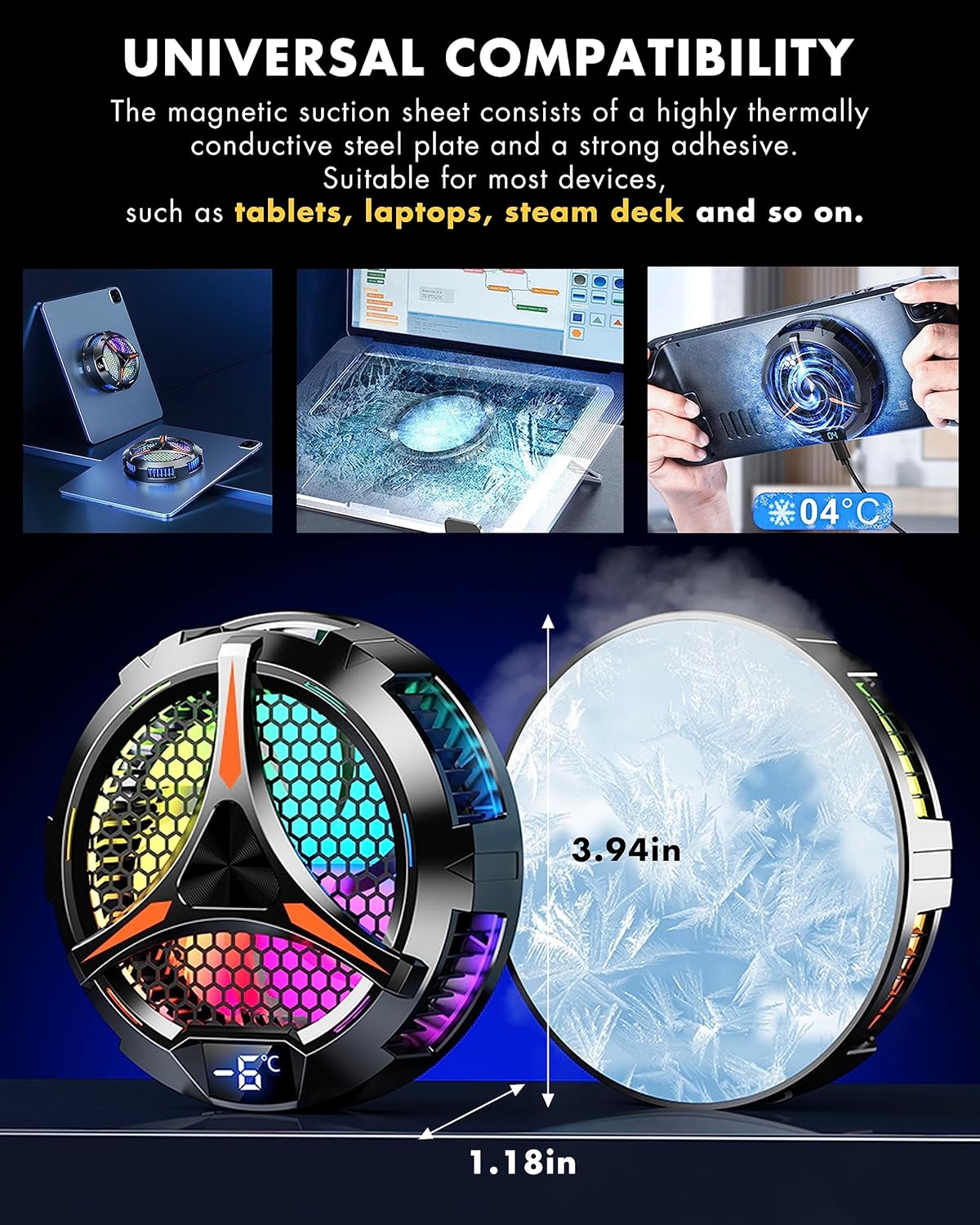 iPad Cooler,Magnetic Tablet Cooler for ipad/surface pro/Samsung Tab,Compatible for Steam Deck,Universal Radiator with Temperature Display for Mobile Gaming,Tiktok Live Streaming