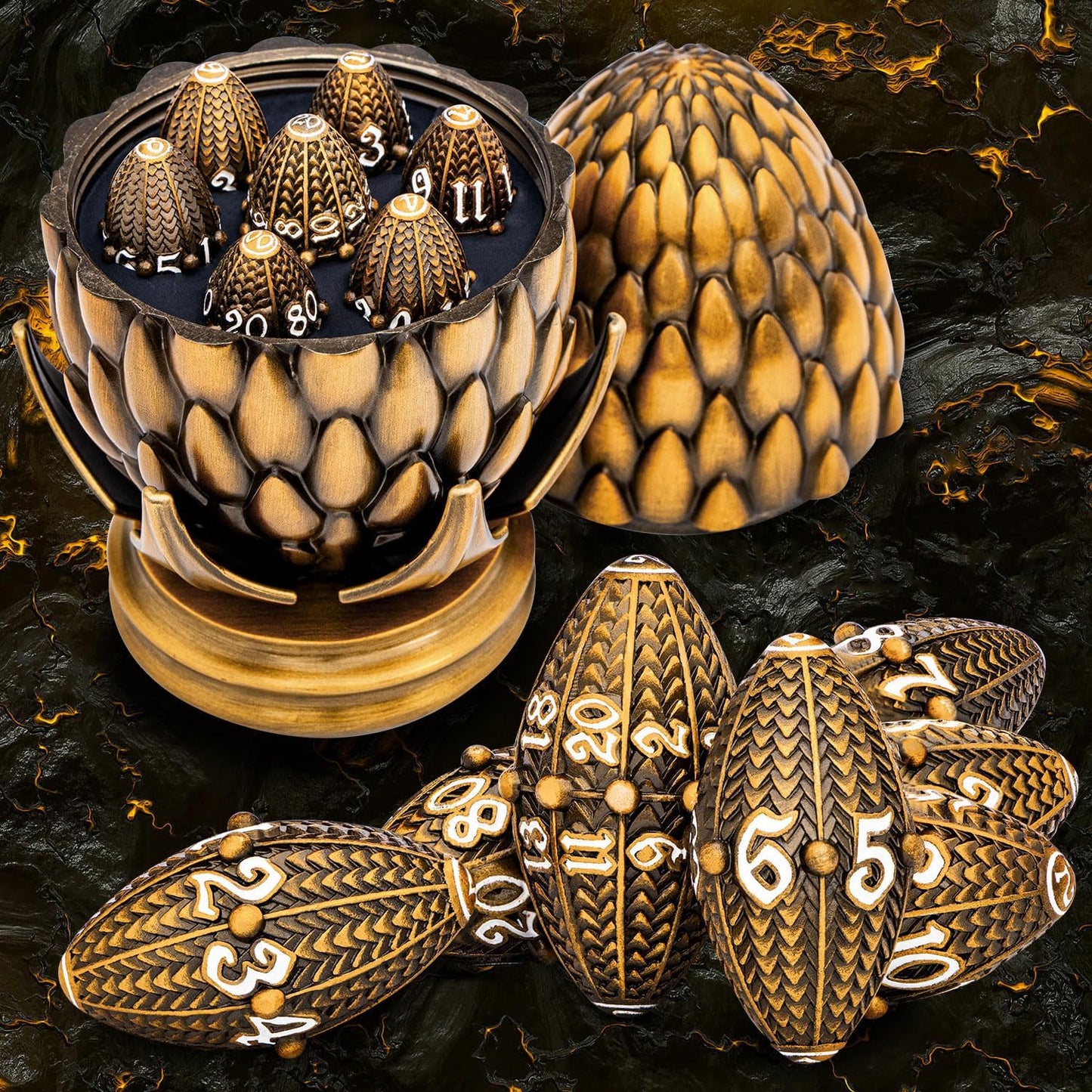 ARUOHHA DND Metal Dice Antique Gold Dragon Egg Dice with Rotating Dragon Egg Shell, Role Playing Game RPG Polyhedral D and D Dice Set D20 D12 D10 D8 D6 D4