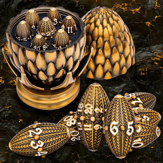 ARUOHHA DND Metal Dice Antique Gold Dragon Egg Dice with Rotating Dragon Egg Shell, Role Playing Game RPG Polyhedral D and D Dice Set D20 D12 D10 D8 D6 D4