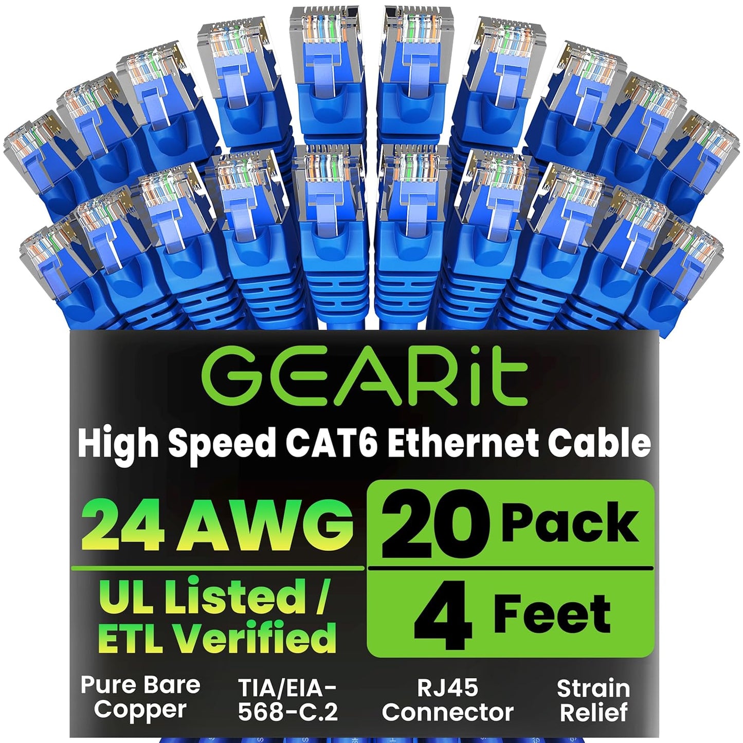 GearIT Cat 6 Ethernet Cable Pack - 20-Pack 4 ft Cat6 Ethernet Patch Cables | RJ45 Network Patch Cable, 10 Gbps Snagless Gold-Plated Connectors - Ethernet Cable Cat 6 for PC, TV, Router - Blue