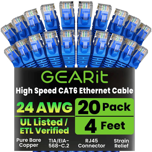 GearIT Cat 6 Ethernet Cable Pack - 20-Pack 4 ft Cat6 Ethernet Patch Cables | RJ45 Network Patch Cable, 10 Gbps Snagless Gold-Plated Connectors - Ethernet Cable Cat 6 for PC, TV, Router - Blue