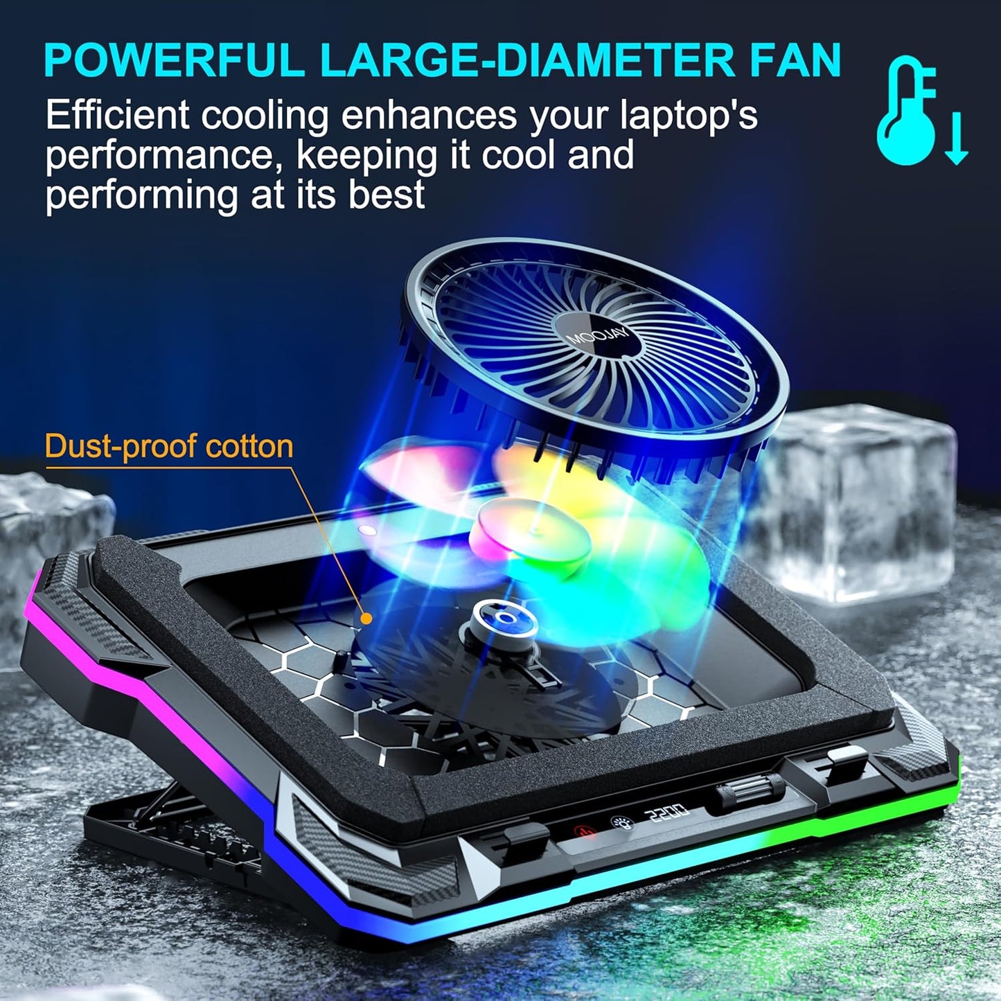 MOOJAY Laptop Cooling Pad Powerful Turbo Fan RGB Gaming Notebook Cooler, Laptop Fan Cooling Stand with 8 Adjustable Heights and Phone Holder, for 14-19 Inch Laptops - Colored LED Light