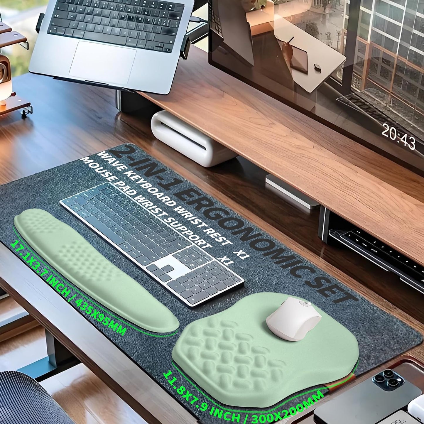 2-in-1 Ergonomic Set, Wave Keyboard Wrist Rest and Massage Slope Mouse Pad Wrist Support, Rebound Memory Foam for Relieve Carpal Tunnel Syndrome and Wrist Pain (Light Green)