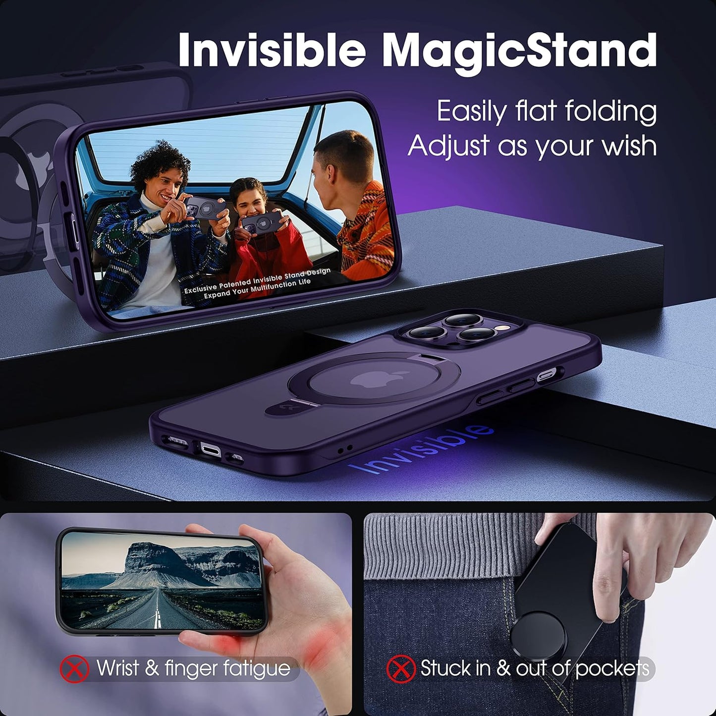 CASEKOO Designed Case for iPhone 14 Pro Max with Magnetic Invisible Stand [Military Drop Protection] [Compatible with MagSafe] Shockproof Slim Translucent Matte Promax Case 6.7 Inch, Purple