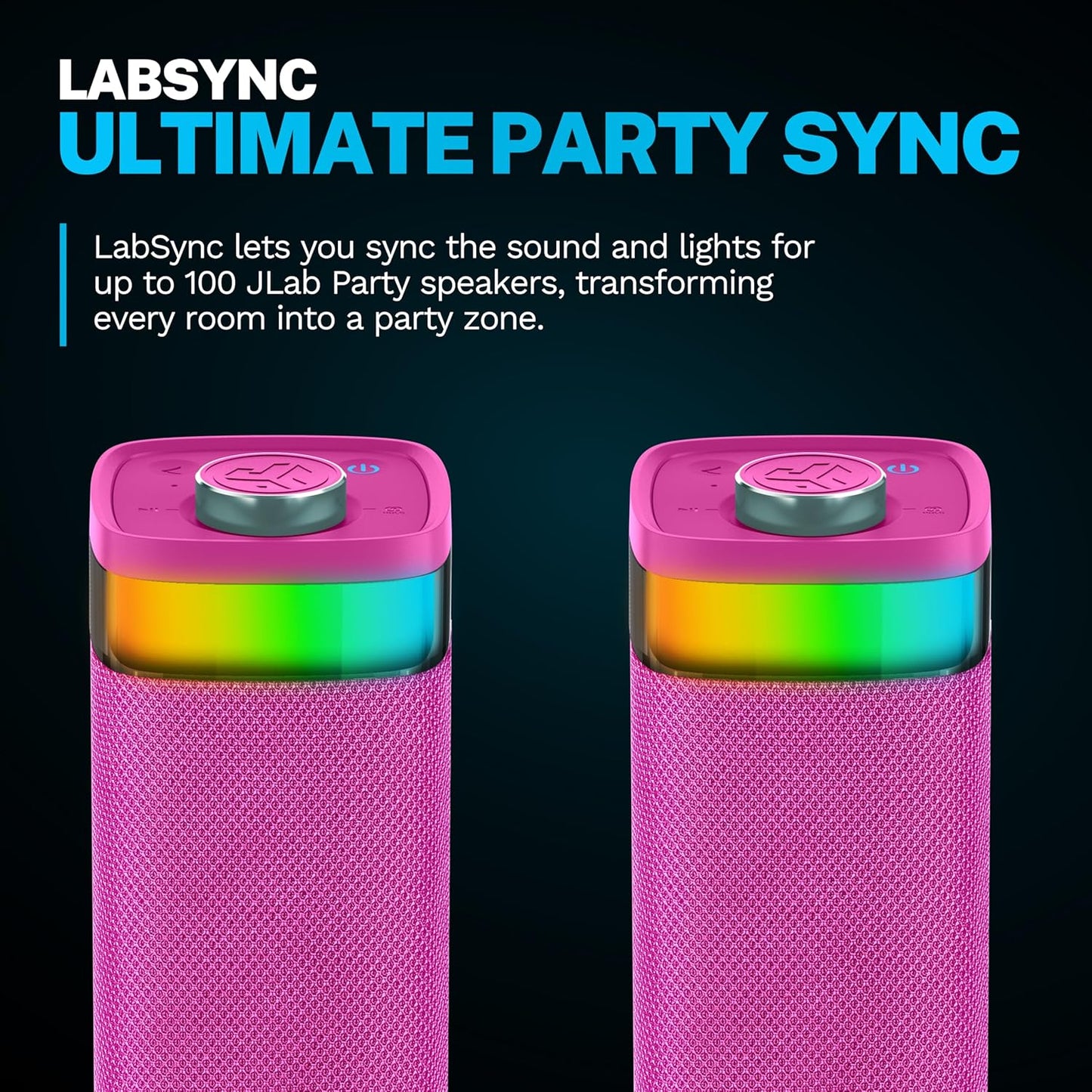 JLab JBuds Party Portable Bluetooth Speaker, 2 Full-Range Drivers + 2 Passive Woofers, IP56 Waterproof, 12 Hours Playtime, Connect Multiple Speakers, Custom Sound + RGB Lighting via App, Pink