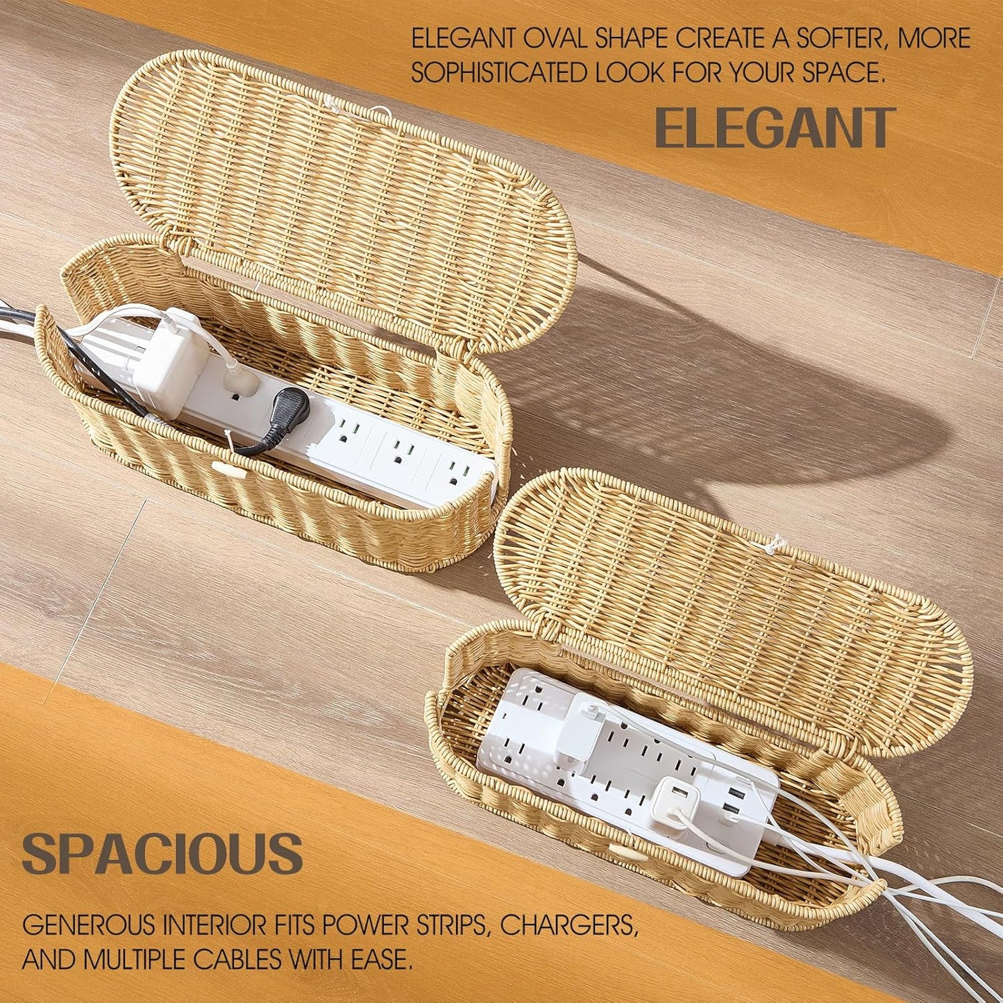 FairyHaus Cable Management Box 2Pack Caramel, Handwoven Large and Small Cable Organizer Box Cover to Hide Cords and Power Strip, Imitation Wicker Cord Organizer Box Hider for Office Desk and Floor