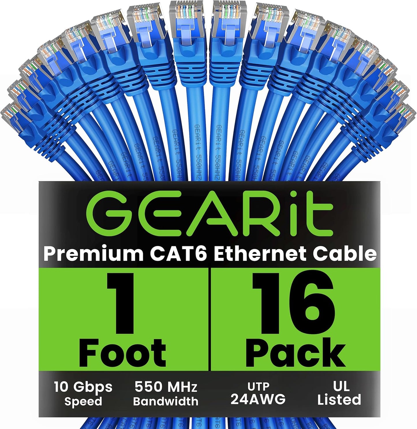 GearIT Cat 6 Ethernet Cable (16-Pack 1 Foot) Cat6 Network Patch, 10Gbps, RJ45, Snagless Cord, Gold-Plated Connectors, Internet for PC, TV, Tablet, Router, Printer, Servers, IT Data Center - Blue