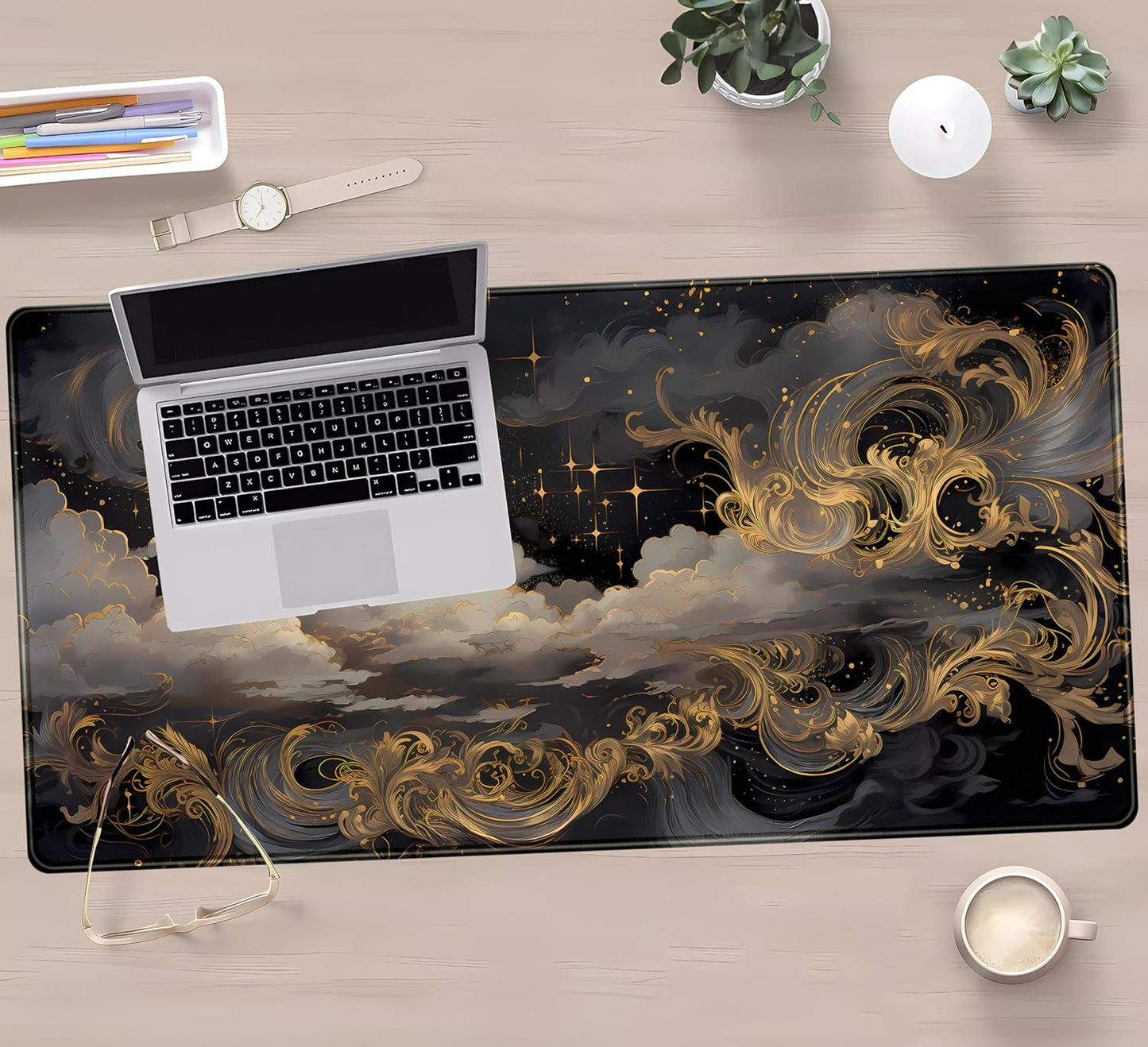 Golden Moon Desk Pad Black Desk Mat XXL Mouse Gaming Pads, Starry Sky Keyboard Pads Extra Large Desktop Computer Mats with Non-Slip Base & Stitched Edges, Vintage Office Decor 31.5" x 15.7"