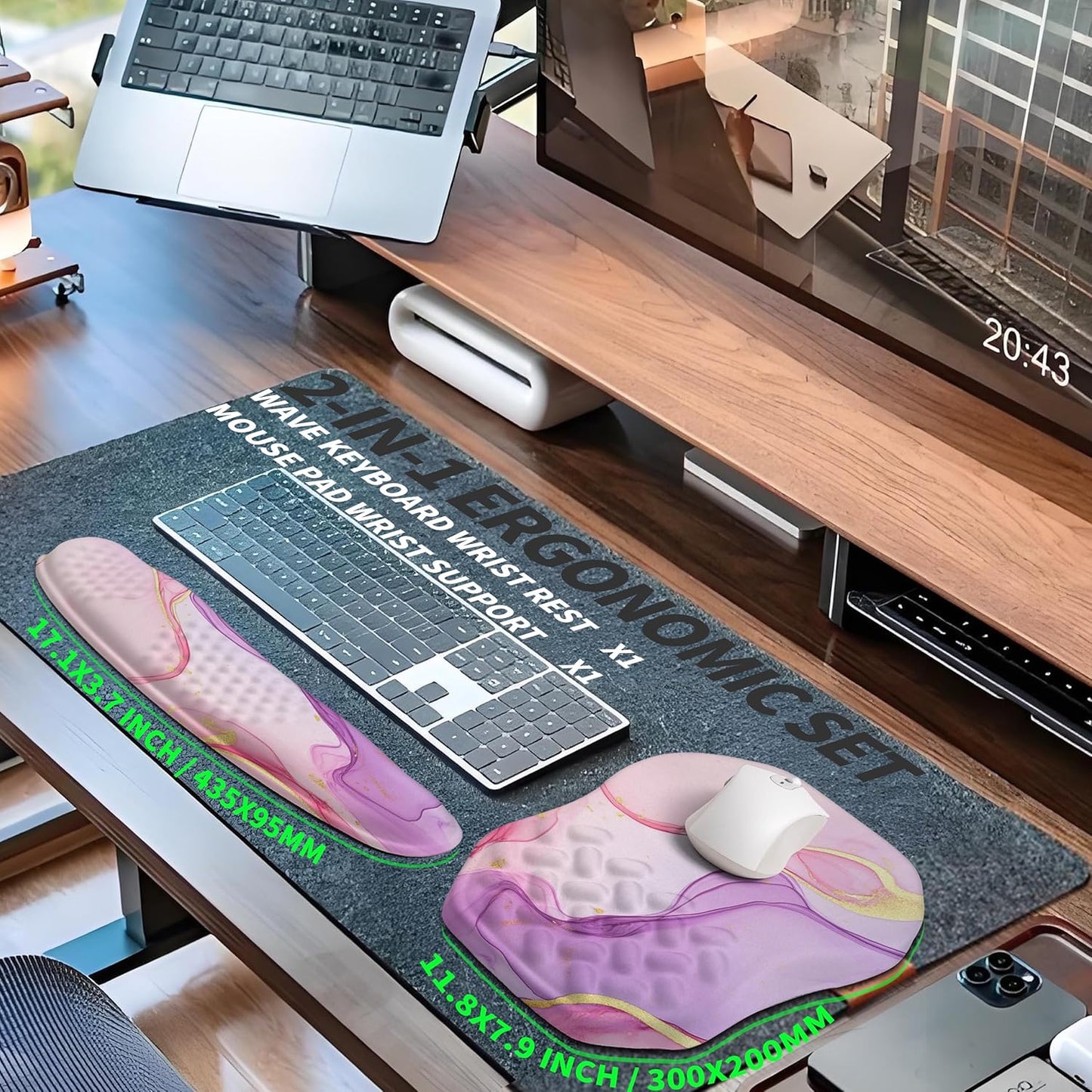 2-in-1 Ergonomic Set, Wave Keyboard Wrist Rest and Massage Slope Mouse Pad Wrist Support, Rebound Memory Foam for Relieve Carpal Tunnel Syndrome and Wrist Pain (Pink Purple Marble)