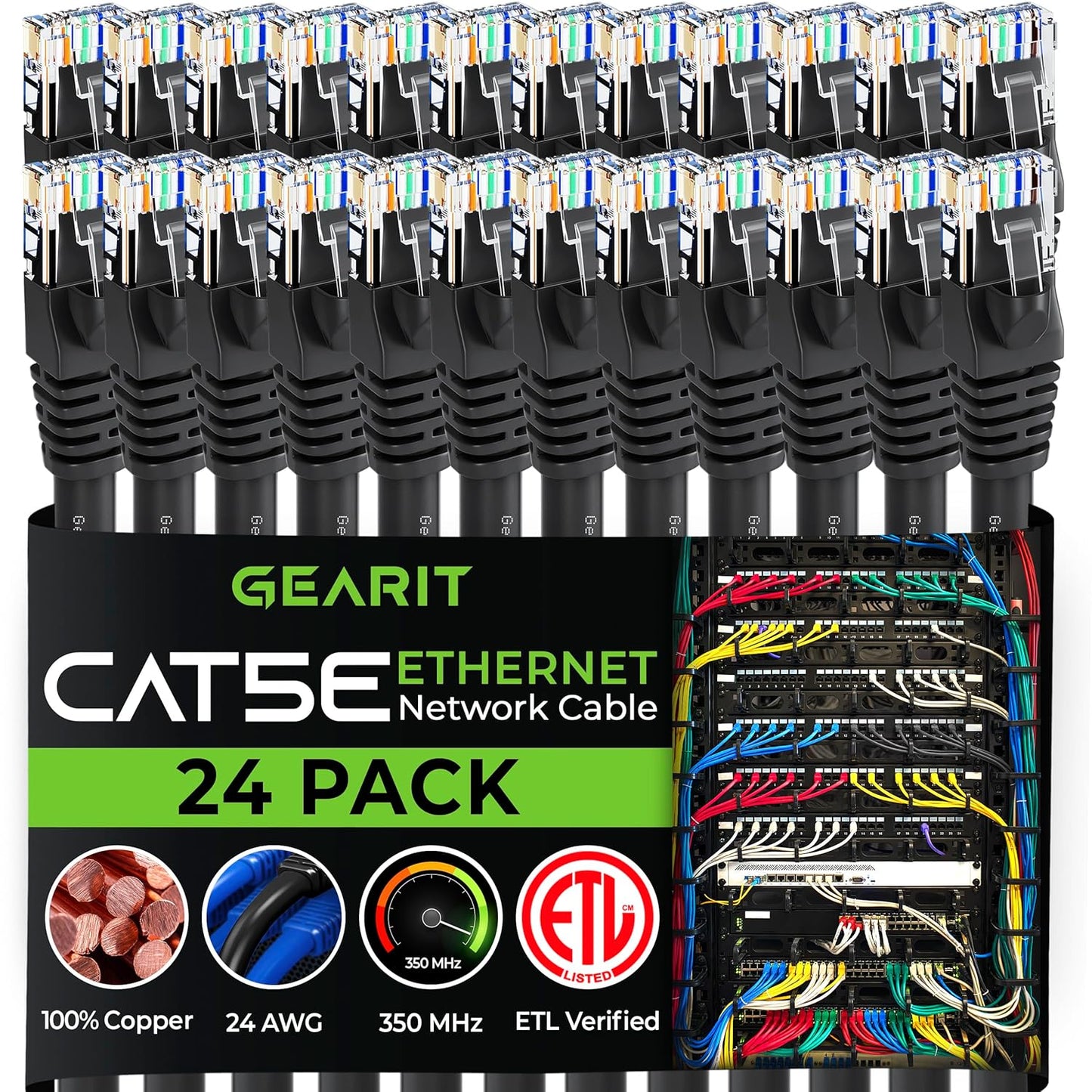 GEARIT 24-Pack, Cat5e Ethernet Patch Cable 6 Feet - Snagless RJ45 Computer LAN Network Cord, Black