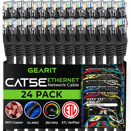 GEARIT 24-Pack, Cat5e Ethernet Patch Cable 6 Feet - Snagless RJ45 Computer LAN Network Cord, Black