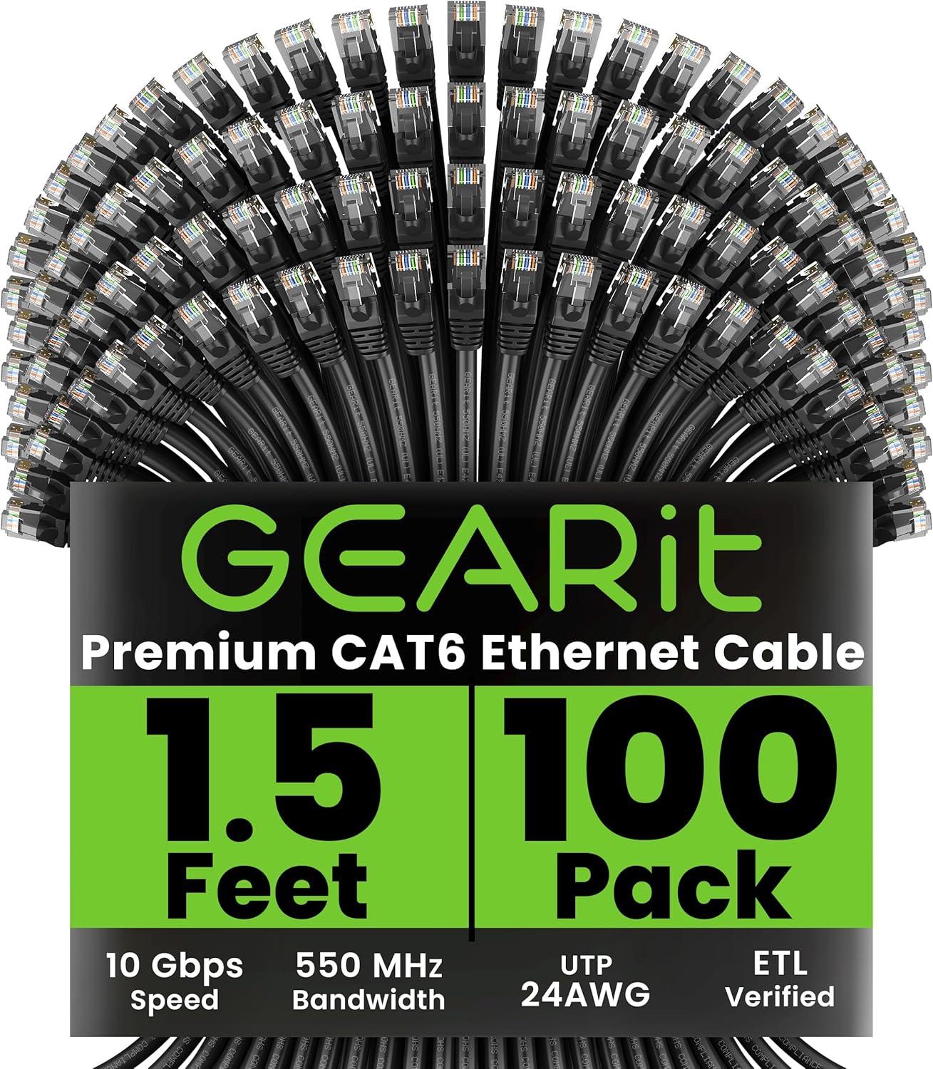 GEARit Cat 6 Ethernet Cable (100-Pack 1.5 Feet) Cat6 Network Patch, 10Gbps, RJ45, Snagless Cord, Gold-Plated Connectors, Internet for PC, TV, Tablet, Router, Printer, Servers, IT Data Center - Black