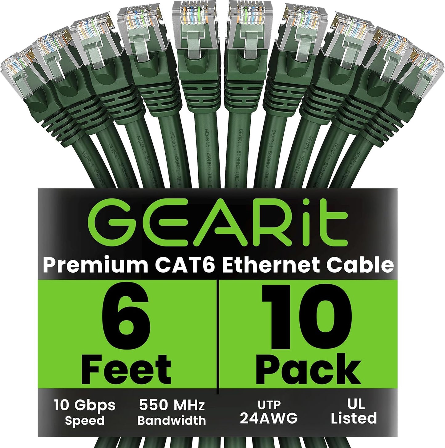 GearIT Cat 6 Ethernet Cable (10-Pack 6 Feet) Cat6 Network Patch, 10Gbps, RJ45, Snagless Cord, Gold-Plated Connectors, Internet for PC, TV, Tablet, Router, Printer, Servers, IT Data Center - Green
