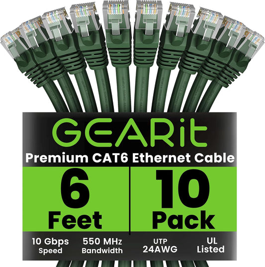 GearIT Cat 6 Ethernet Cable (10-Pack 6 Feet) Cat6 Network Patch, 10Gbps, RJ45, Snagless Cord, Gold-Plated Connectors, Internet for PC, TV, Tablet, Router, Printer, Servers, IT Data Center - Green