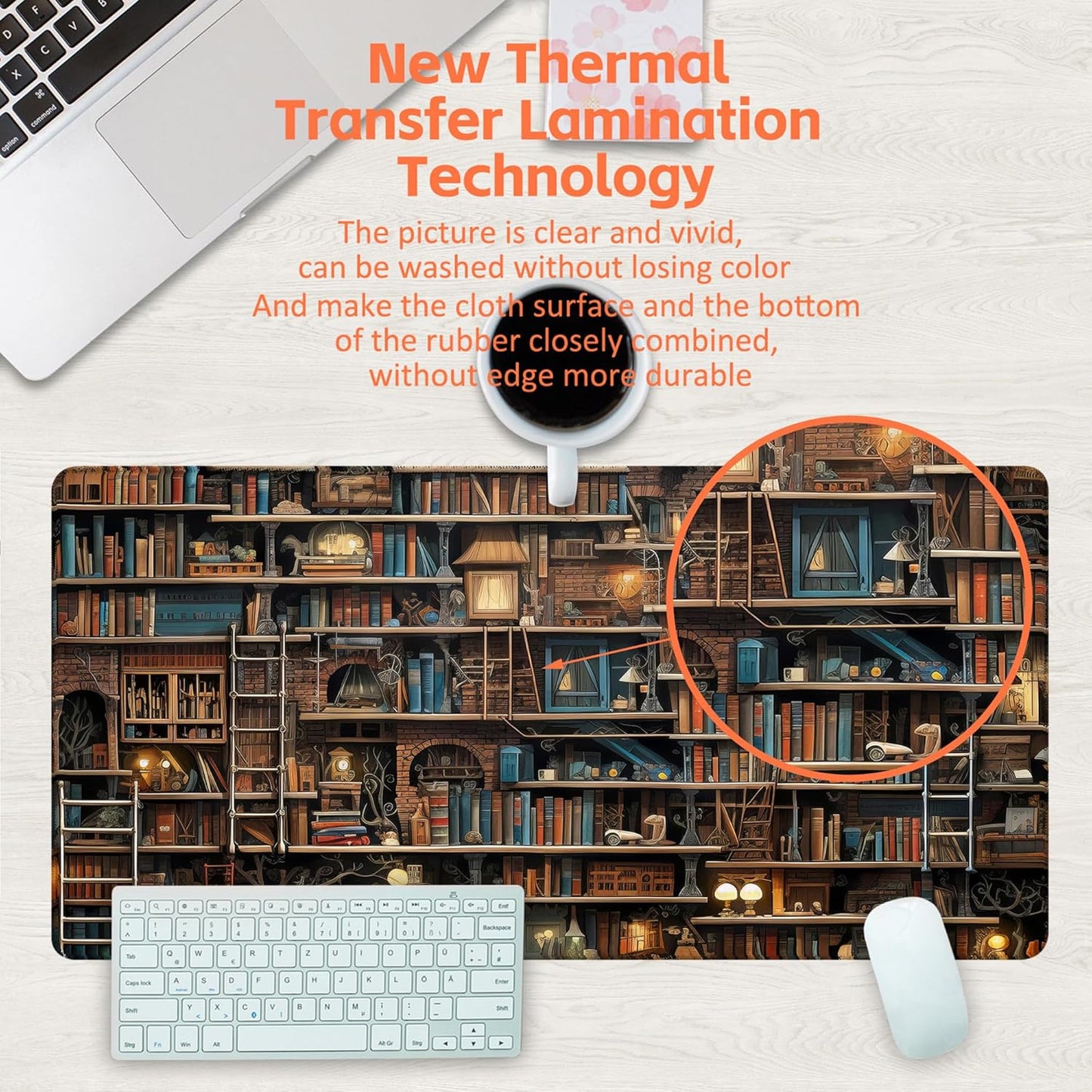 Desk Pad, Fantasy Shelves Desk Mat, Shelves Full of Books Large Gaming Mouse Pad for Desk, 31.5"x15.7" Extended Big Computer Keyboard Mouse Pad with Non-Slip Base and Stitched Edge