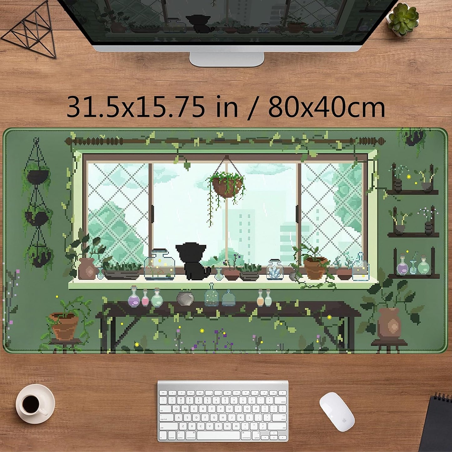 Cute Kawaii Green Plant Desk Mat Anime Aesthetic Mousepad Pixel Art XXL Large Gaming Mouse Pad Laptop Keyboard Mat Desk Pad 31.5x15.75 in, Office Home Decor for Women Girl