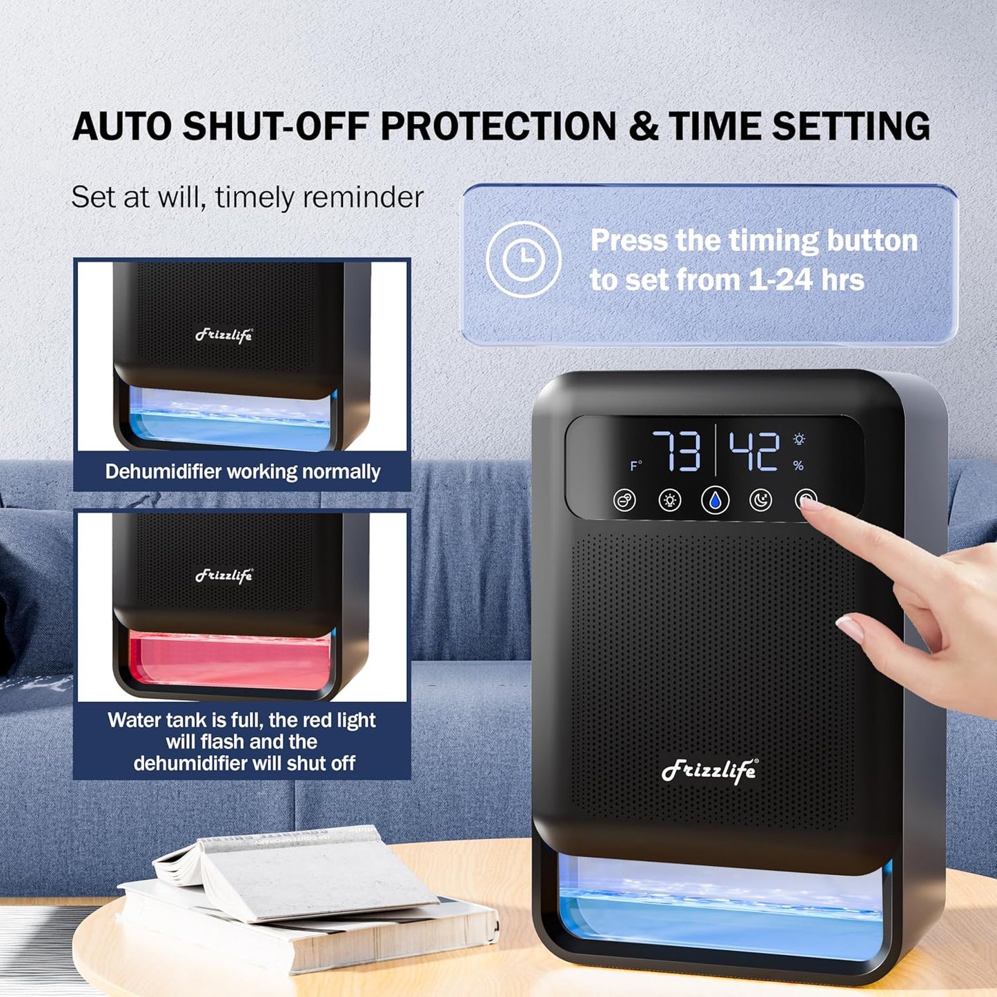 Frizzlife Air Dehumidifier, 135oz Water Tank W/Purifying Function, Quiet Small Dehumidifiers With Sleep Mode For Home, Bedroom, Bathroom, Basement W/Auto Shut Off, 7 Colors LED Light, Black