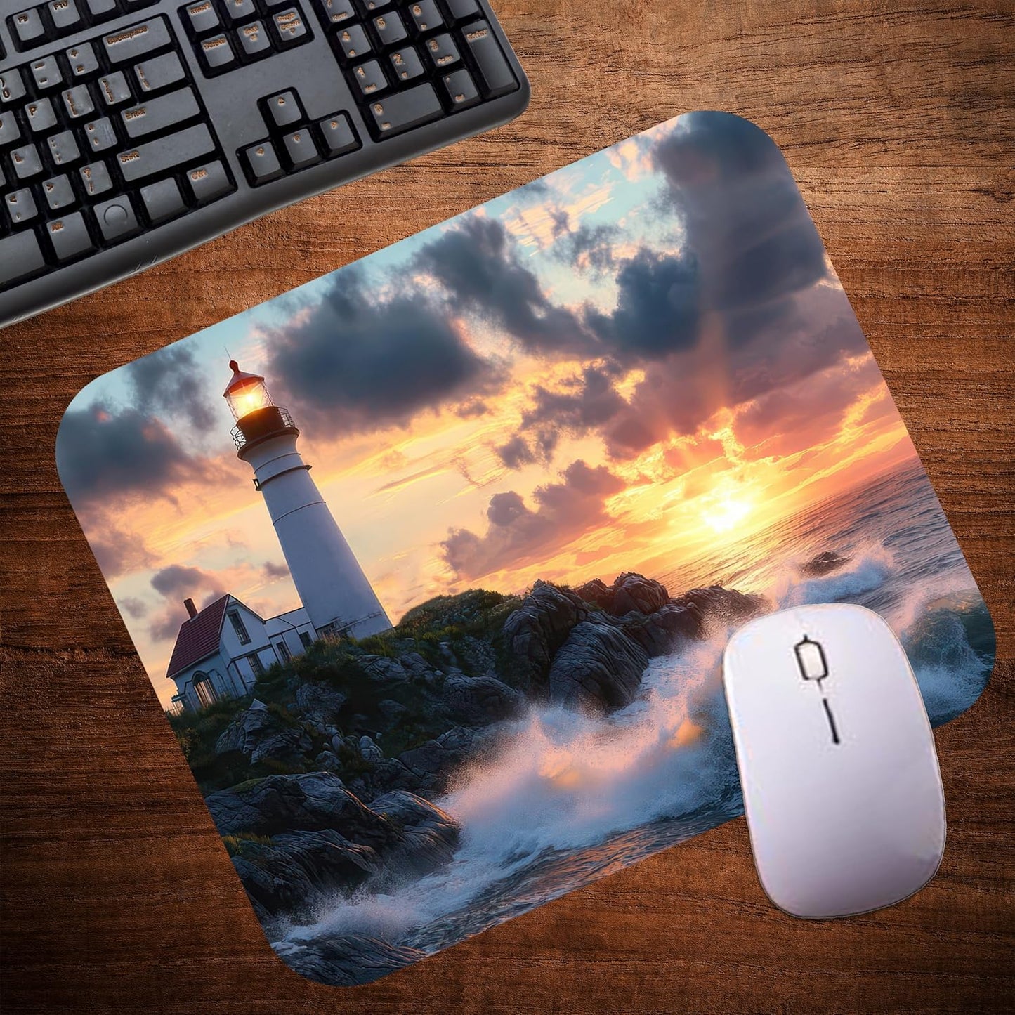 Coastal Shoreline Waves Sandy Beach Theme Mouse Pad Mat Mousepad for Desk Computer Laptop PC Gaming Home or Office Gift (Lighthouse Sunset MP33)