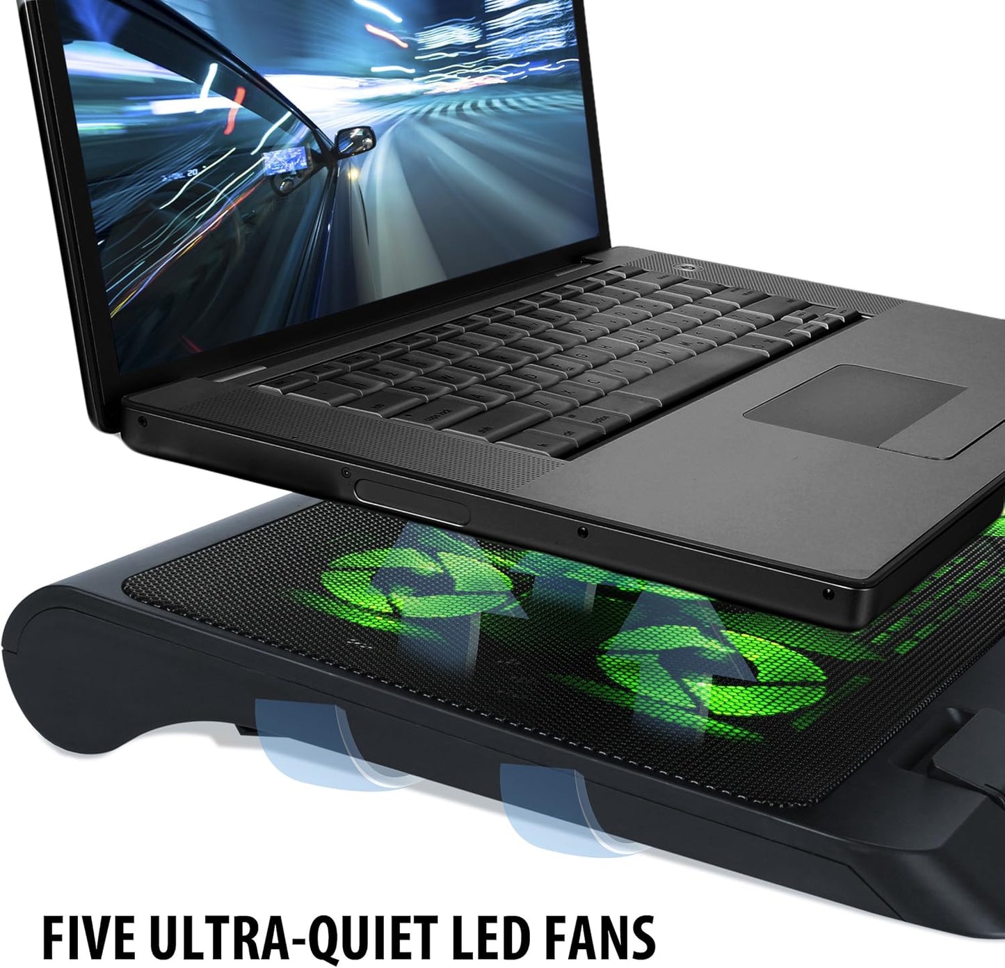 ENHANCE Gaming Laptop Cooling Pad Stand with LED Cooler Fans, Adjustable Height, & Dual USB Port for 17 inch Laptops - 5 Ultra Quiet High Performance Fans 2630 RPM & Built-in Bumpers - Green