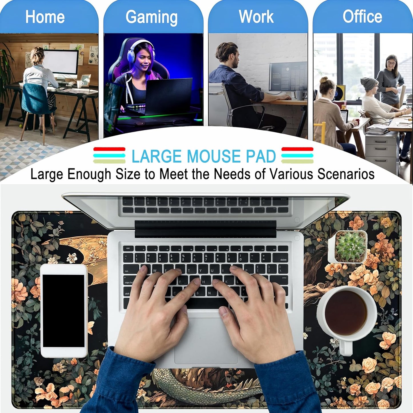 Desk Mat Cute Enchanted Forest Dragon Kawaii Mouse Pad XXL Large Extended Vintage Academia Anime Desk Pad, Cozy Computer Playmat Laptop Keyboard and Mouse Mat with Stitched Edges, 31.5x15.7 in