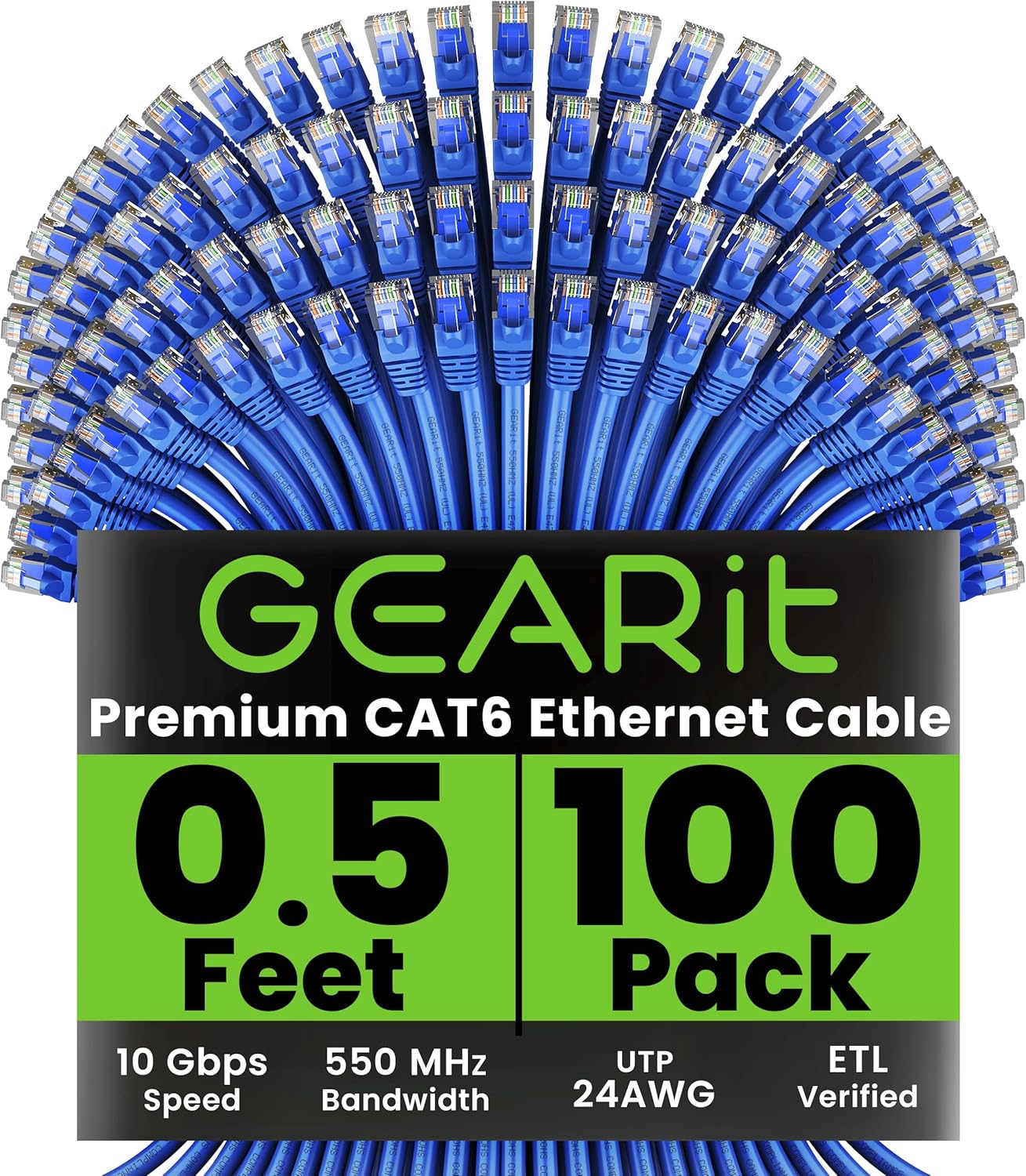 GEARit Cat 6 Ethernet Cable (100-Pack 0.5 Feet) Cat6 Network Patch, 10Gbps, RJ45, Snagless Cord, Gold-Plated Connectors, Internet for PC, TV, Tablet, Router, Printer, Servers, IT Data Center - Blue