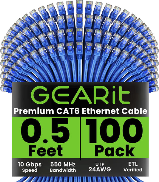 GEARit Cat 6 Ethernet Cable (100-Pack 0.5 Feet) Cat6 Network Patch, 10Gbps, RJ45, Snagless Cord, Gold-Plated Connectors, Internet for PC, TV, Tablet, Router, Printer, Servers, IT Data Center - Blue