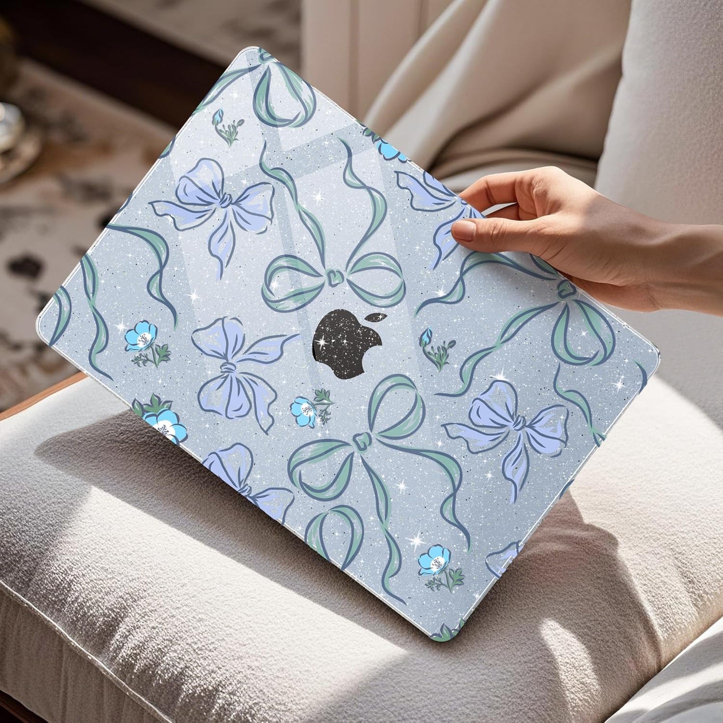 Mektron for 2025 MacBook Air 15 inch M4 Case A3241/ 2024 M3 A3114/ 2023 A2941 M2 Hard Printed Case with 15.3 Liquid Retina Display Touch ID, Plastic Hard Cover & Keyboard Skin- Bows C355-Glitter Blue