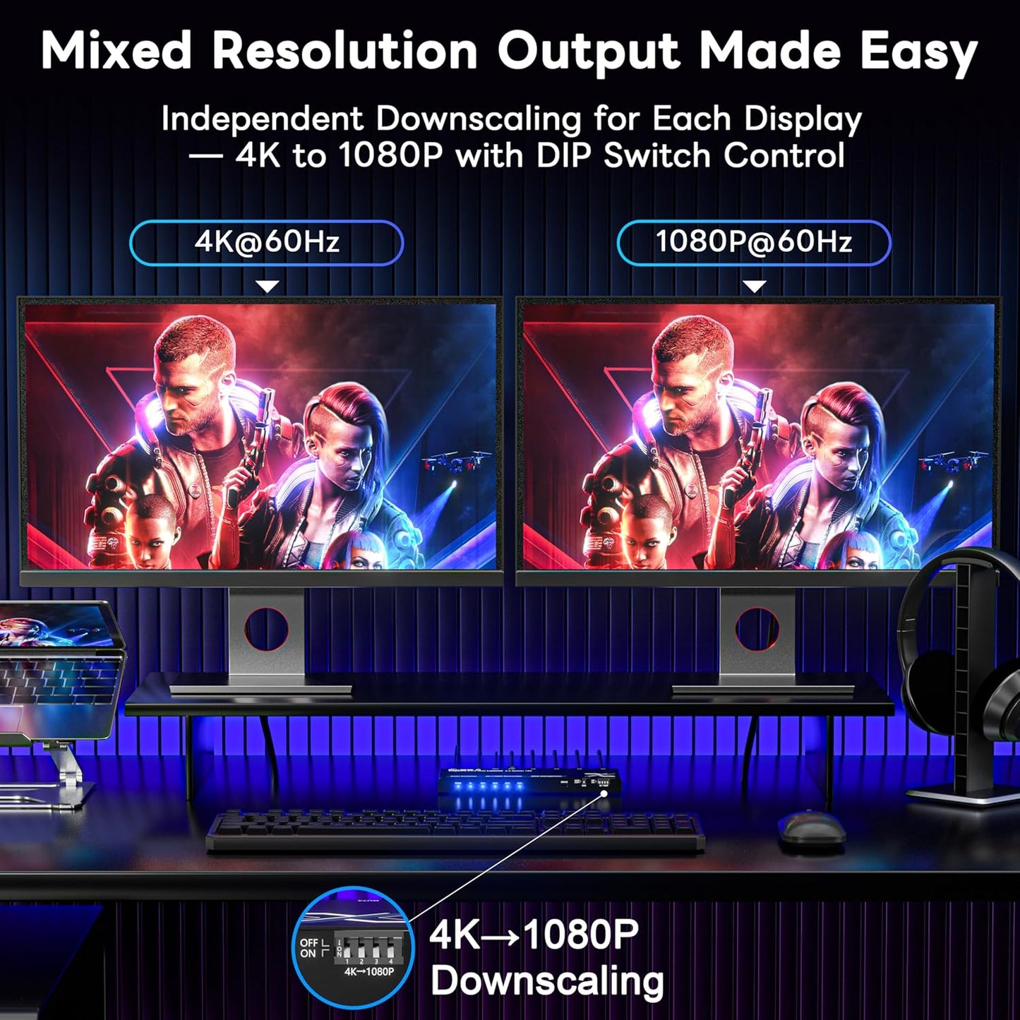 4K HDMI Splitter 1x4 with Audio Extractor, Downscaler & EDID, 4K@60Hz HDR HDMI 2.0 18Gbps HDMI Duplicator with TOSLINK & 3.5mm Stereo Out, Support HDCP 2.2 for TV, PS5, Xbox, Roku, Projector, Switch2