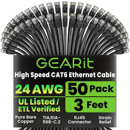 GEARit Cat 6 Ethernet Cable Pack - 50-Pack 3 ft Cat6 Ethernet Patch Cables | RJ45 Network Patch Cable, 10 Gbps Snagless Gold-Plated Connectors - Ethernet Cable Cat 6 for PC, TV, Router - Black