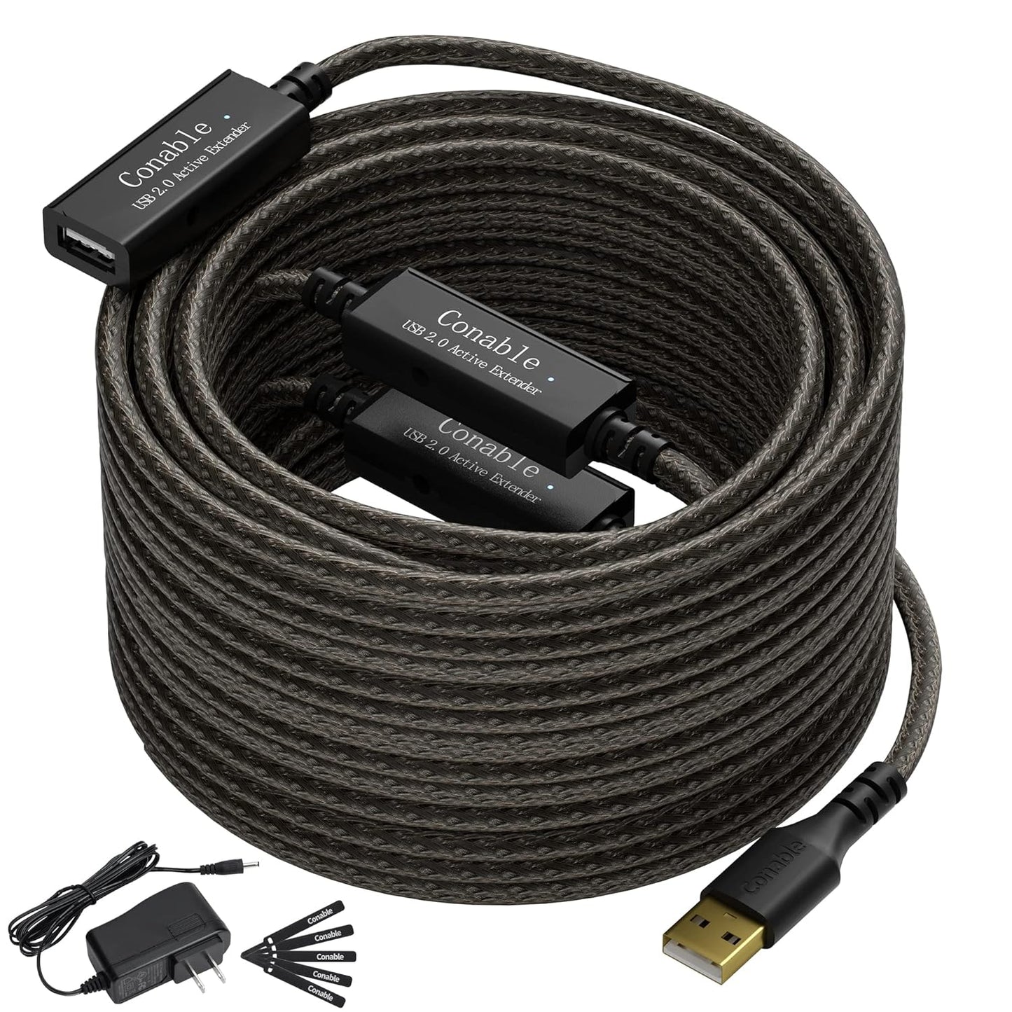 Active USB Extension Cable 150 Feet, USB 2.0 A Male to Female Repeater Cord, with 3 Extension Chipsets Signal Booster, 22AWG Tinned Pure Copper, (AC Power Supply Included)