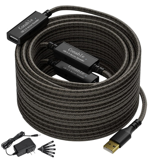 Active USB Extension Cable 150 Feet, USB 2.0 A Male to Female Repeater Cord, with 3 Extension Chipsets Signal Booster, 22AWG Tinned Pure Copper, (AC Power Supply Included)