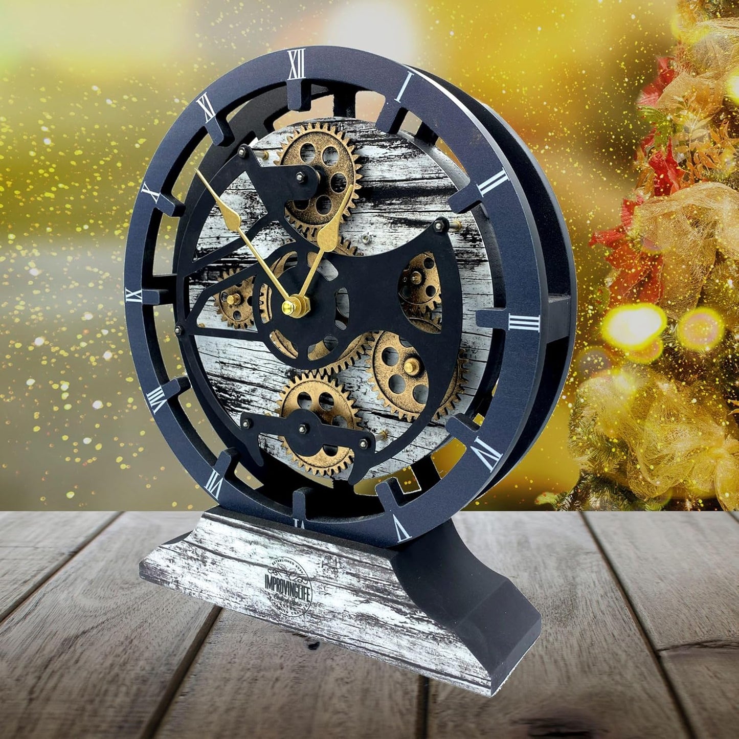 ImprovingLife The Gears Clock Desk Clock 10 inches with Real Moving Gears Convertible into Wall Clock (Grey & White)