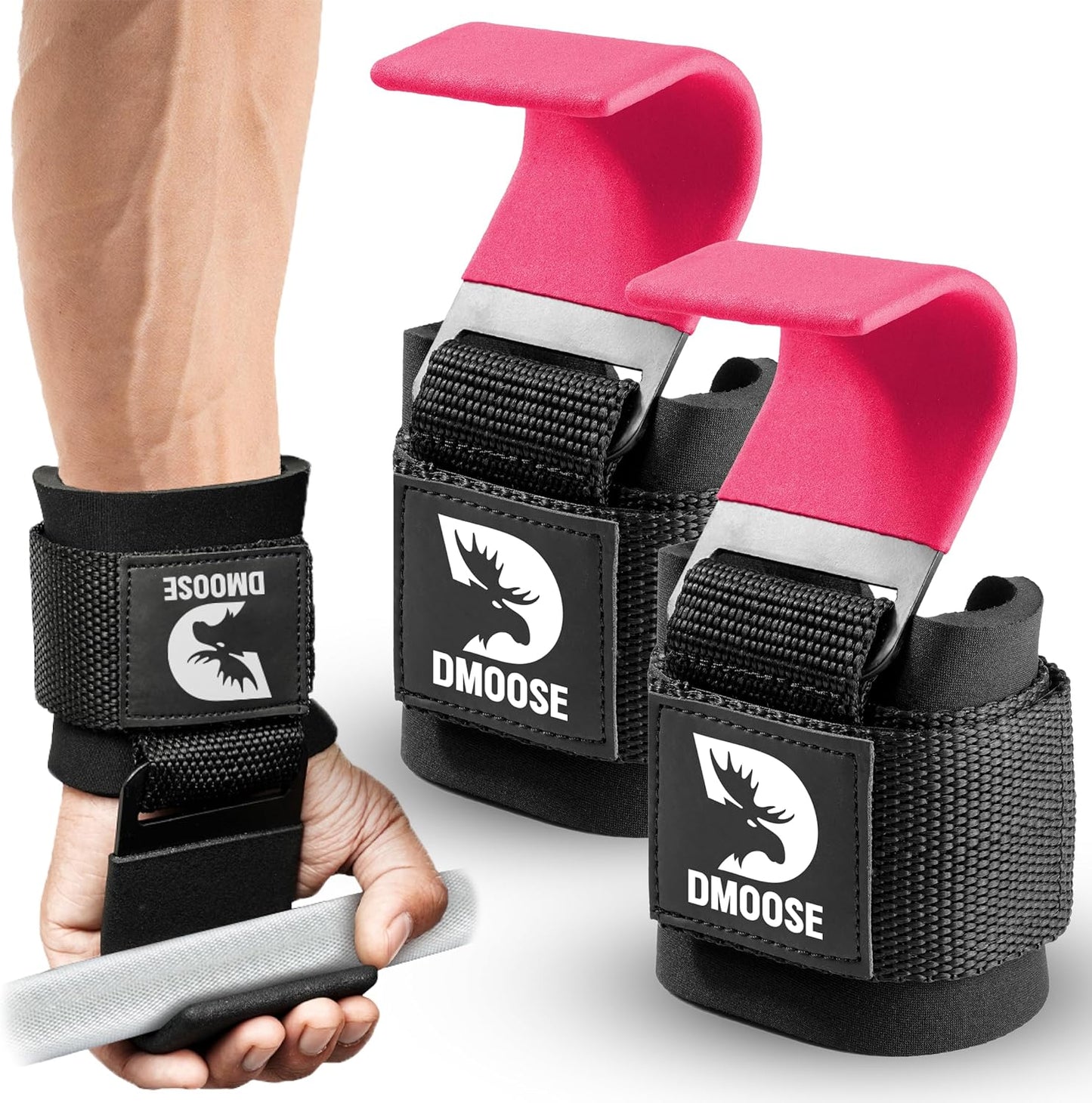 DMoose Fitness Weight Lifting Hooks (Pair) for Deadlifts, Pull Ups, Rows & Shrugs - Anti-Rip Nylon Strap Hand Grips with Thick Wrist Padding - Heavy Duty Wrist Straps for Weightlifting & Gym Workouts