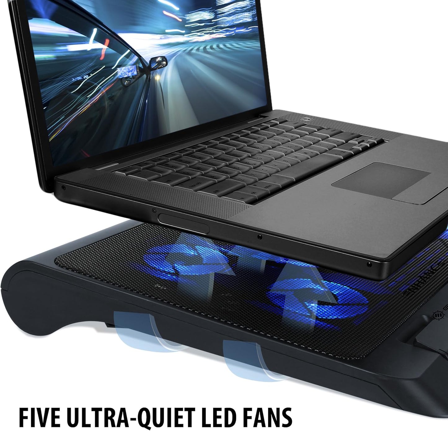 ENHANCE Gaming Laptop Cooling Pad Stand with LED Cooler Fans , Adjustable Height , & Dual USB Port for 17 inch Laptops - 5 Ultra Quiet High Performance Fans 2630 RPM & Built-In Bumpers - Blue