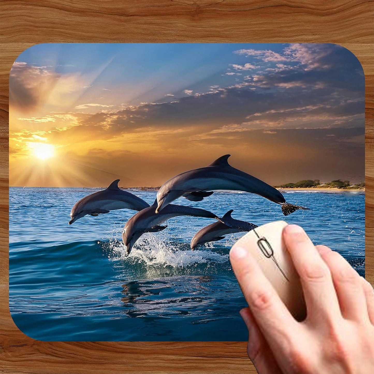 Coastal Shoreline Waves Sandy Beach Theme Mouse Pad Mat Mousepad for Desk Computer Laptop PC Gaming Home or Office Gift (Dolphin Sunset MP18)