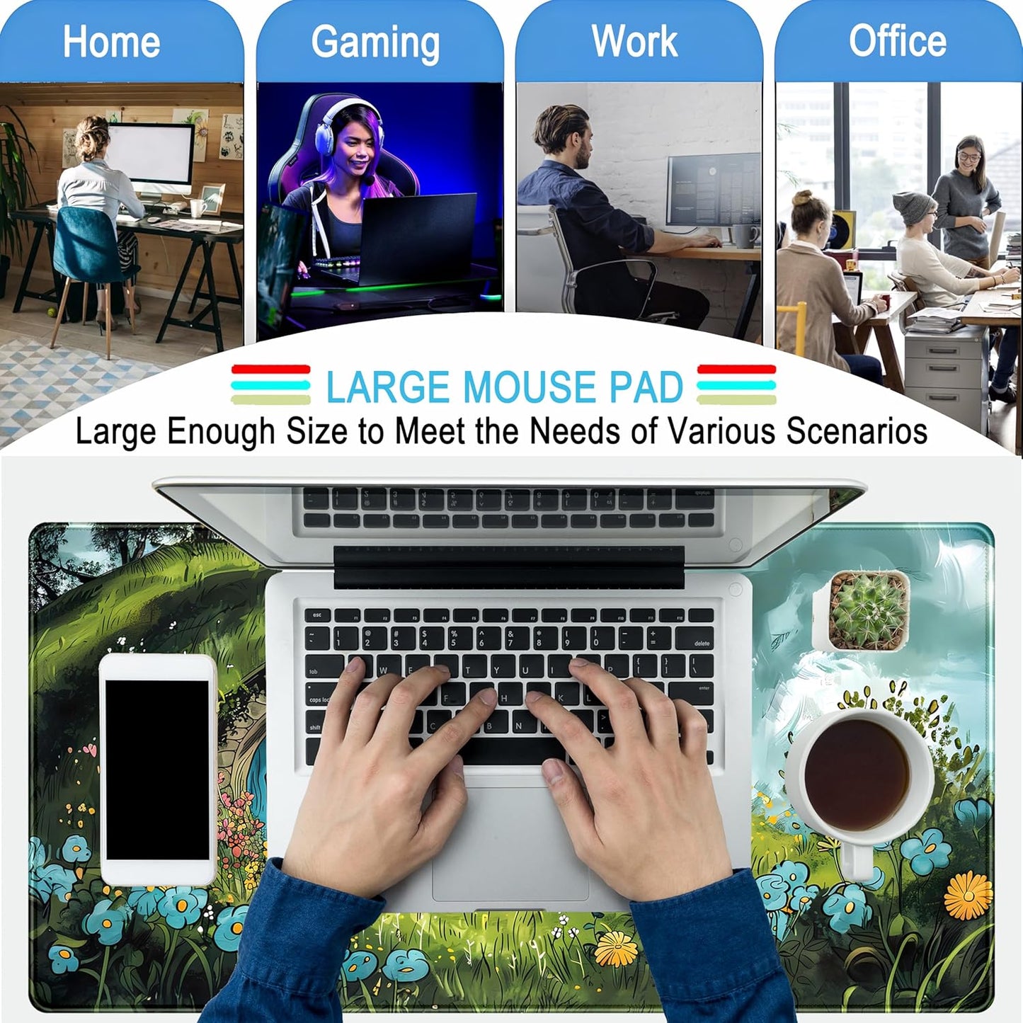 Cute Landscape Cartoons Desk Mat Aesthetic Gaming Mouse Pad XXL Large Extended Green Sage Desk Pad, Laptop Keyboard and Mouse Mat, Computer Desktop Mat Playmat, Women Desk Decor Pad 31.5x15.7 in