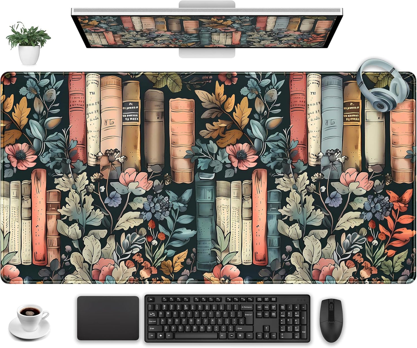 Floral Books Desk Mat Reading Desk Pad Mouse Mat XXL, Colorful Mouse Keyboard Pad Flower Bookshelf Desktop Mat, Long Computer Mats Aesthetic Desk Accessory Reader's Home Decor 31.5" x 15.7"