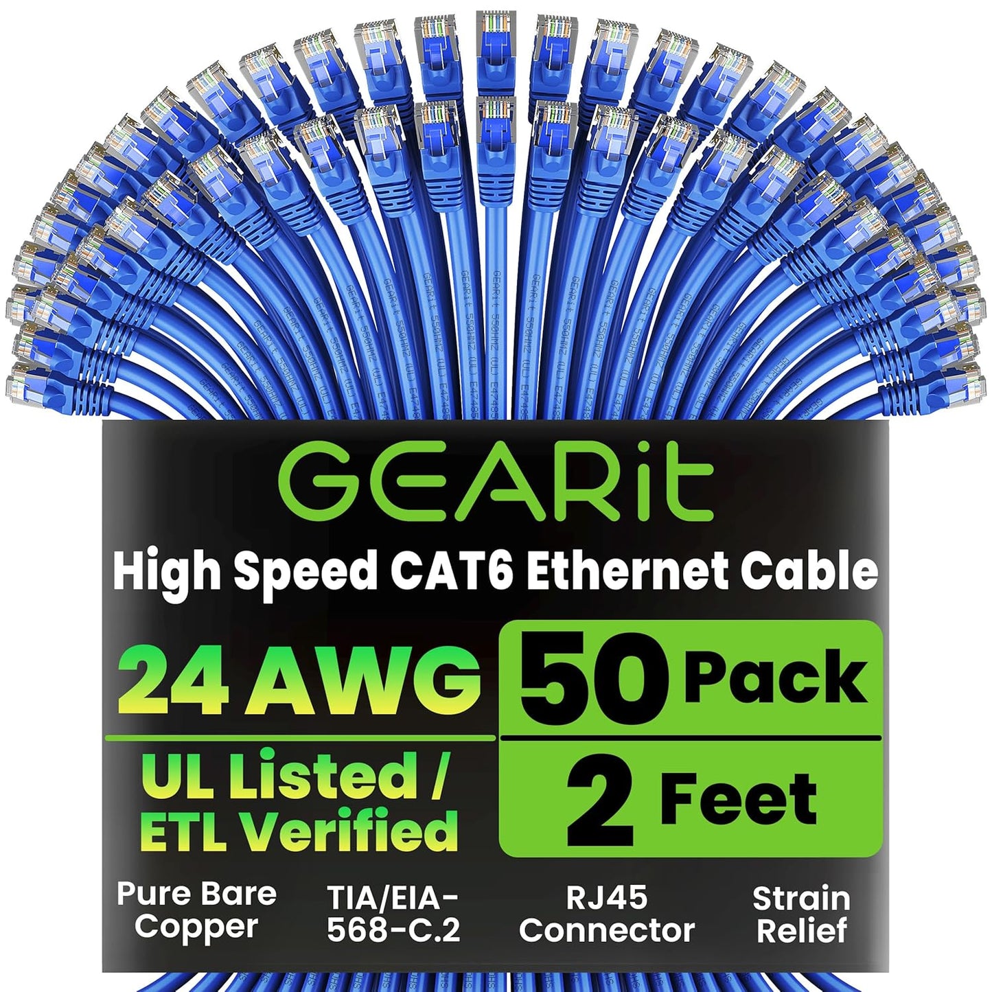 GEARit Cat 6 Ethernet Cable Pack - 50-Pack 2 ft Cat6 Ethernet Patch Cables | RJ45 Network Patch Cable, 10 Gbps Snagless Gold-Plated Connectors - Ethernet Cable Cat 6 for PC, TV, Router - Blue