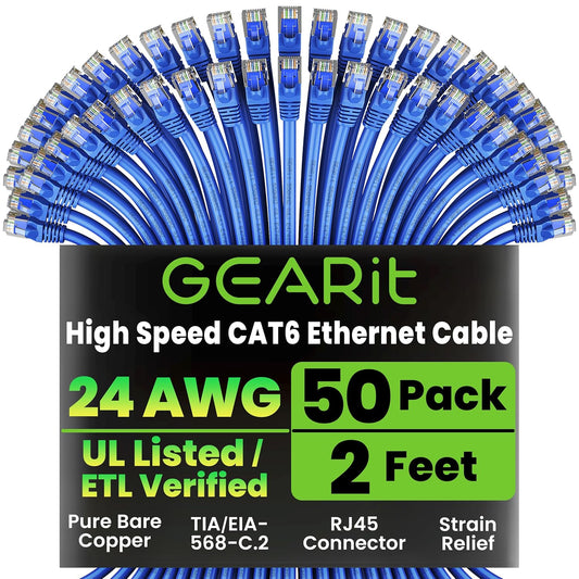 GEARit Cat 6 Ethernet Cable Pack - 50-Pack 2 ft Cat6 Ethernet Patch Cables | RJ45 Network Patch Cable, 10 Gbps Snagless Gold-Plated Connectors - Ethernet Cable Cat 6 for PC, TV, Router - Blue