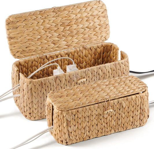 BLUEWEST Pack 2 Large Cable Management Box, Wicker Hyacinth Rattan Cable Organizer and Cover with 2 Open Slots and Safety Lock for Under Desk Power Strip, TV Wires, Computer, Router, USB Hubs